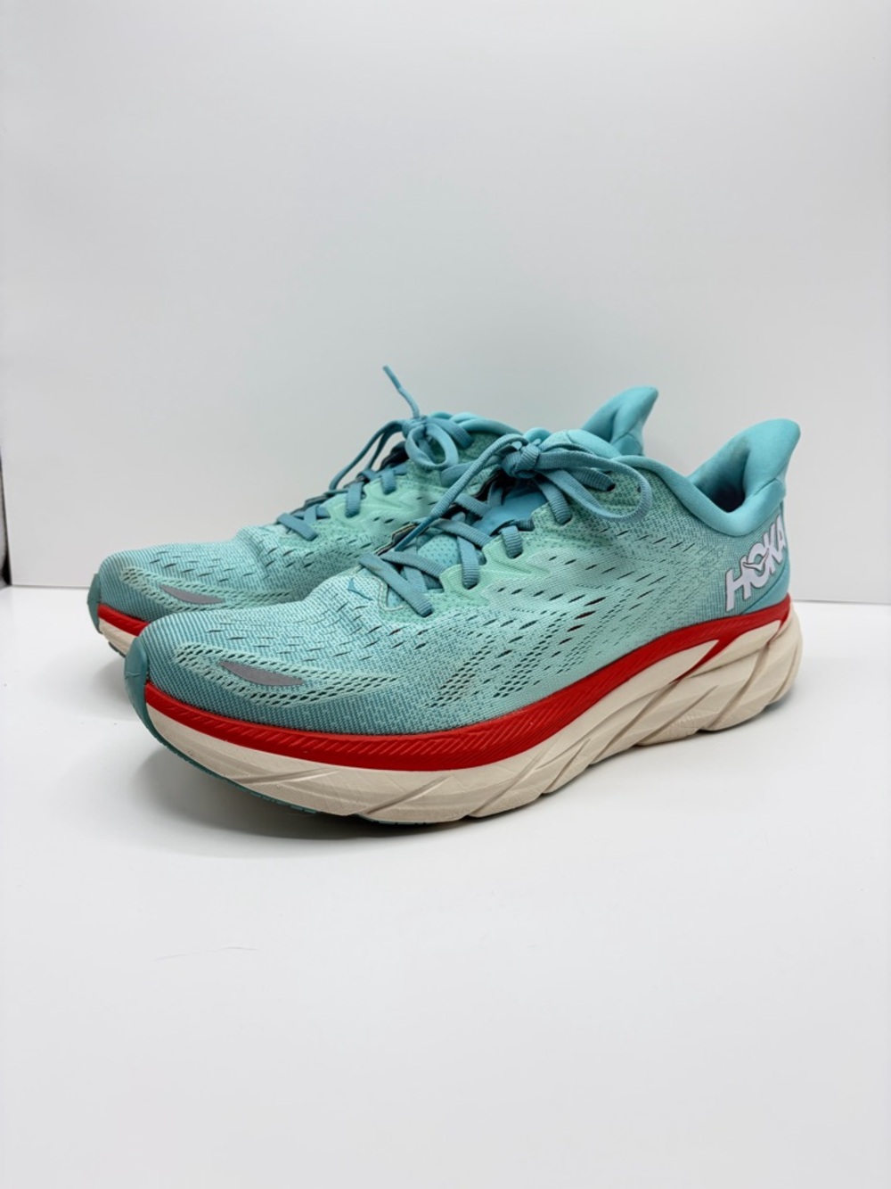 Hoka Men’s Size 11B Clifton 8 Sneakers Teal Orange Athletic Sporty